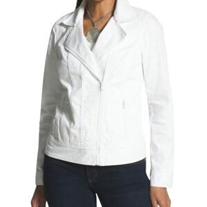 Chico's White Denim Moto Zip-Up Jacket 
Size 1 Medium  Jean Jacket Front Pockets